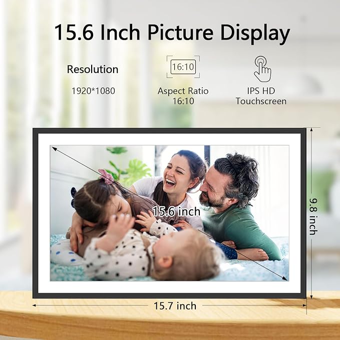 15.7 Inch WiFi Digital Picture Frame with 1920x1080 FHD IPS Touch Screen, Send Photo or Videos via App or Email, 32GB Storage, Support USB Drive/SD Card Extend Storage, Auto-Rotate, Wall Mountable