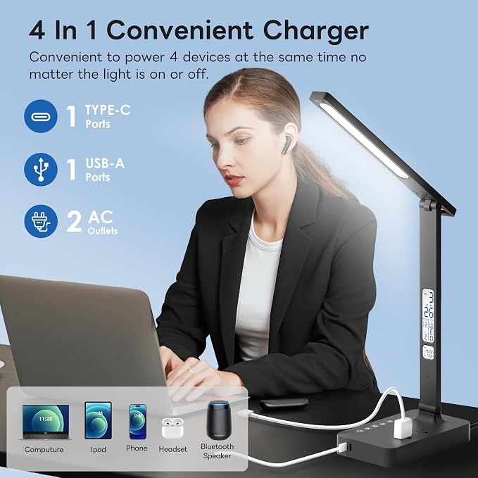 Infiway Desk Lamp with USB Charging Port: LED Stepless Dimmable Eye Caring Desk Light for Home Office - 1 Type-C, 1 USB-A Charging Port, 2 AC Power Outlets, Multiple Light Modes for Study and Bedroom