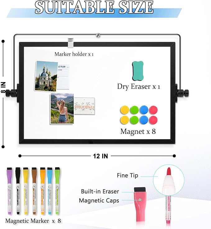 Double-Sided Magnetic White Board with Stand, 12" x 8" (Black) | Dry Erase Board with Stand, Desktop Whiteboard Easel , Portable Small White board dry erase for Drawing, Office, Home