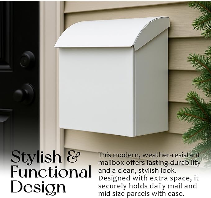 NACH Large Mailbox for House, 12.4”x7.1”x11.8 White Mailboxes for Outside, Waterproof Mailbox - Baxter-Style Wall Mount Mailboxes for Outside