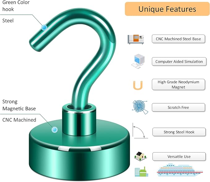 Neosmuk Magnetic Hooks, Heavy Duty 40lb+ Strong Magnet Hook for Cruise Cabins, Cruise Essentials 2026 for Hanging, Metal Wall Refrigerator Hangers (Green, 10 Pack)