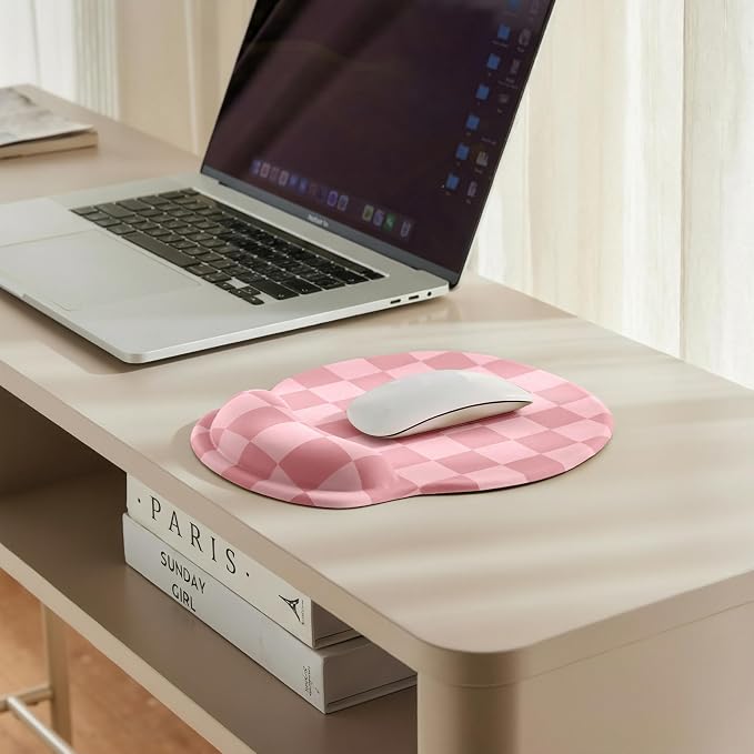 Ohocut Coral Pink Checkered Mouse Pad with Gel Wrist Rest, Wrist Support, Ergonomic Desk Accessories for Women, Office Laptop Gaming Decor, Cute Aesthetic Check Design