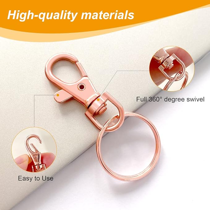 100PCS Swivel Snap Hooks with Key Rings, Premium Metal Swivel Lobster Claw Clasps Assorted Sizes (Large, Medium, Small) for Keychain Clip Lanyard, Jewelry Making, Crafts, Rose Gold