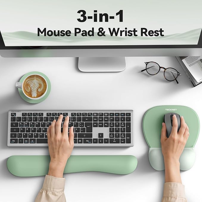 TECKNET Gel Ergonomic Mouse Pad & Keyboard Wrist Rest & Coaster | 3 in 1 Set, Pain Relief, Milk Silk Cloth, Non-Slip PU Base, Easy Typing, Memory Foam Wrist Support for Office & Home