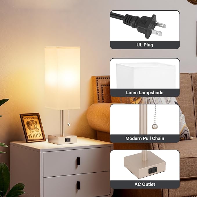 Bedside Lamp for Bedroom Set of 2 - Gold Table Lamp for Nightstand | AC Outlet, 3 Color Temperatures, LED Bulb Included, Pull Chain Design, 14" Rectangular Desk Lamp for Dorm/Office, 2-Pack