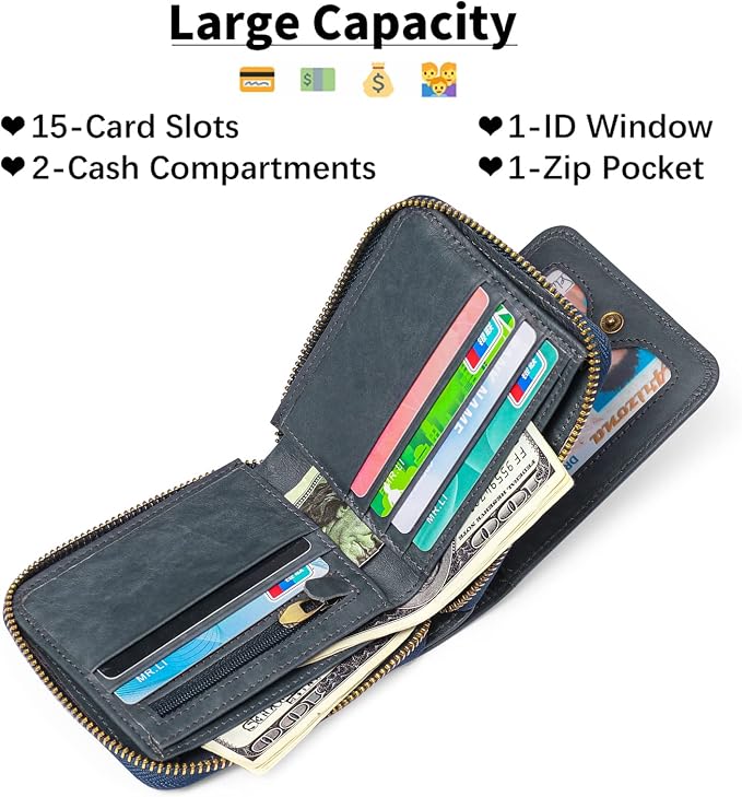 GOIACII Wallets for Men Genuine Leather Front Pocket Wallet RFID Zip Around Bifold Credit Card Holder | RFID