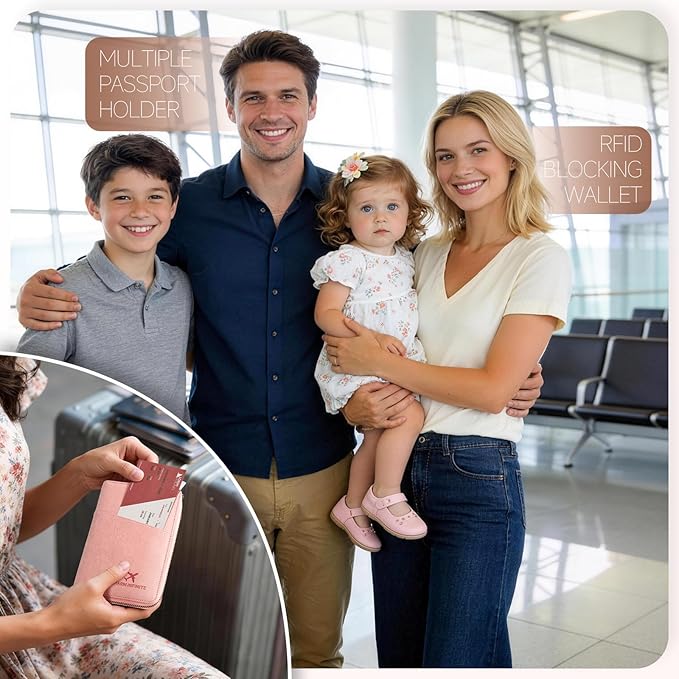 Likesing Family Passport Holder for 4, RFID Multiple Passport Holder-Grey | Leather RFID Blocking Travel Passport Wallet with Zipper, Travel Document Organizer with Wrist Strap Card Slots for Women Men