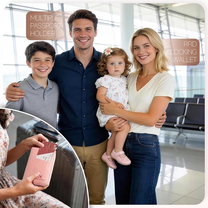Likesing Family Passport Holder for 4, RFID Multiple Passport Holder-Black | Leather RFID Blocking Travel Passport Wallet with Zipper, Travel Document Organizer with Wrist Strap Card Slots for Women Men