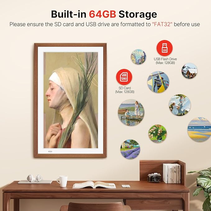 Uhale 21.5" Large Digital Picture Frame WiFi Wood with Remote Control, 1920 x 1080 FHD IPS No Touch Screen Electronic Photo Frames Wall Mount with 64GB, Support SD USB, Share Photos Videos Instantly