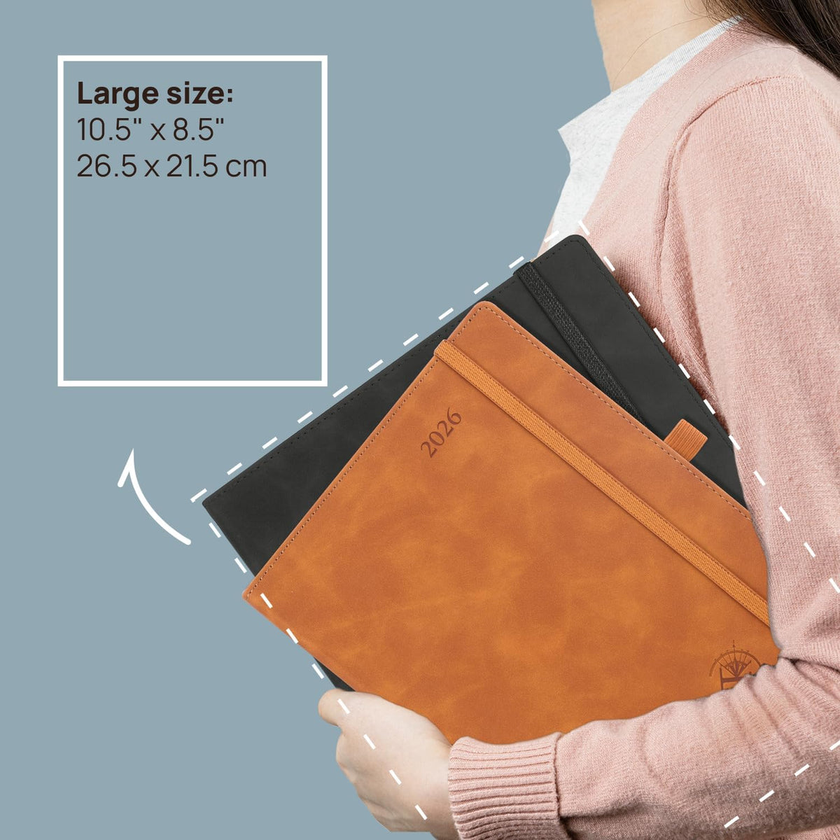 POPRUN Weekly Planner 2026 (Large 8.5" x 10.5") Calendar 12 Months Notebook with Horizontal Layout, Leather Soft Cover, Monthly Tabs, Inner Pocket, 100GSM Thick Paper, Pen Holder - Brown