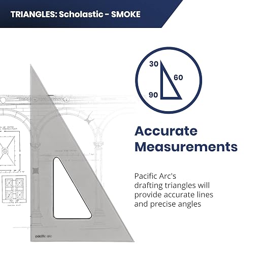 Pacific Arc's Scholastic Triangle - 14 inch - Smoke - 30/60 Angle - Polystyrene - Inking Edge - Technical Drawing Tools, Drafting, Architect and Engineering.