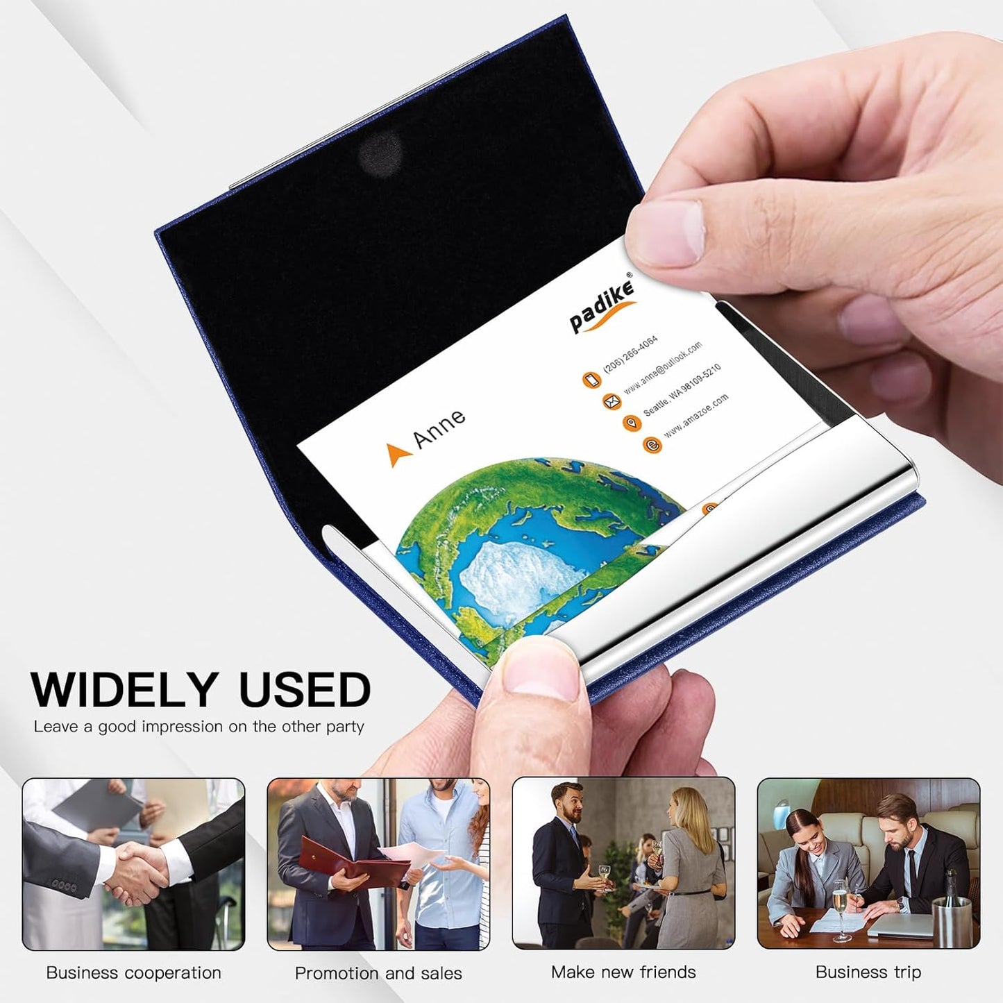 Padike Business Card Holder, Blue, Faux Leather, RFID Protected, Stylish Design