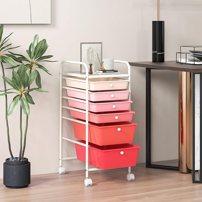 COSTWAY 6-Drawer Rolling Storage Cart, Art Craft Tools Organizer on Wheels | Multifunctional Heavy Duty Utility Mobile Storage Trolley w/ 2 Lockable Wheels for Home Office School (Mixed Pink)