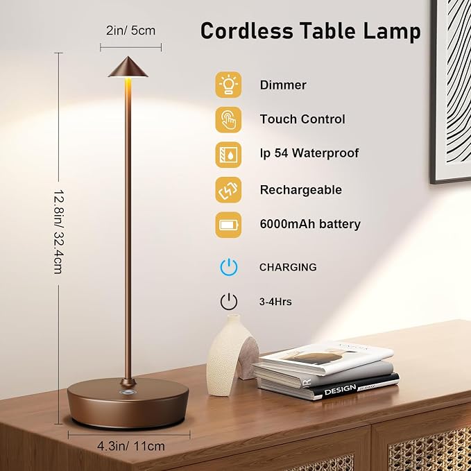 2P Cordless Rechargeable Led Table Lamp Battery Operated Light Coffee | Desk Lamp Touch 3 Color Dimming Portable Outdoor Waterproof Table Light for Patio/Restaurant/Dining/Home