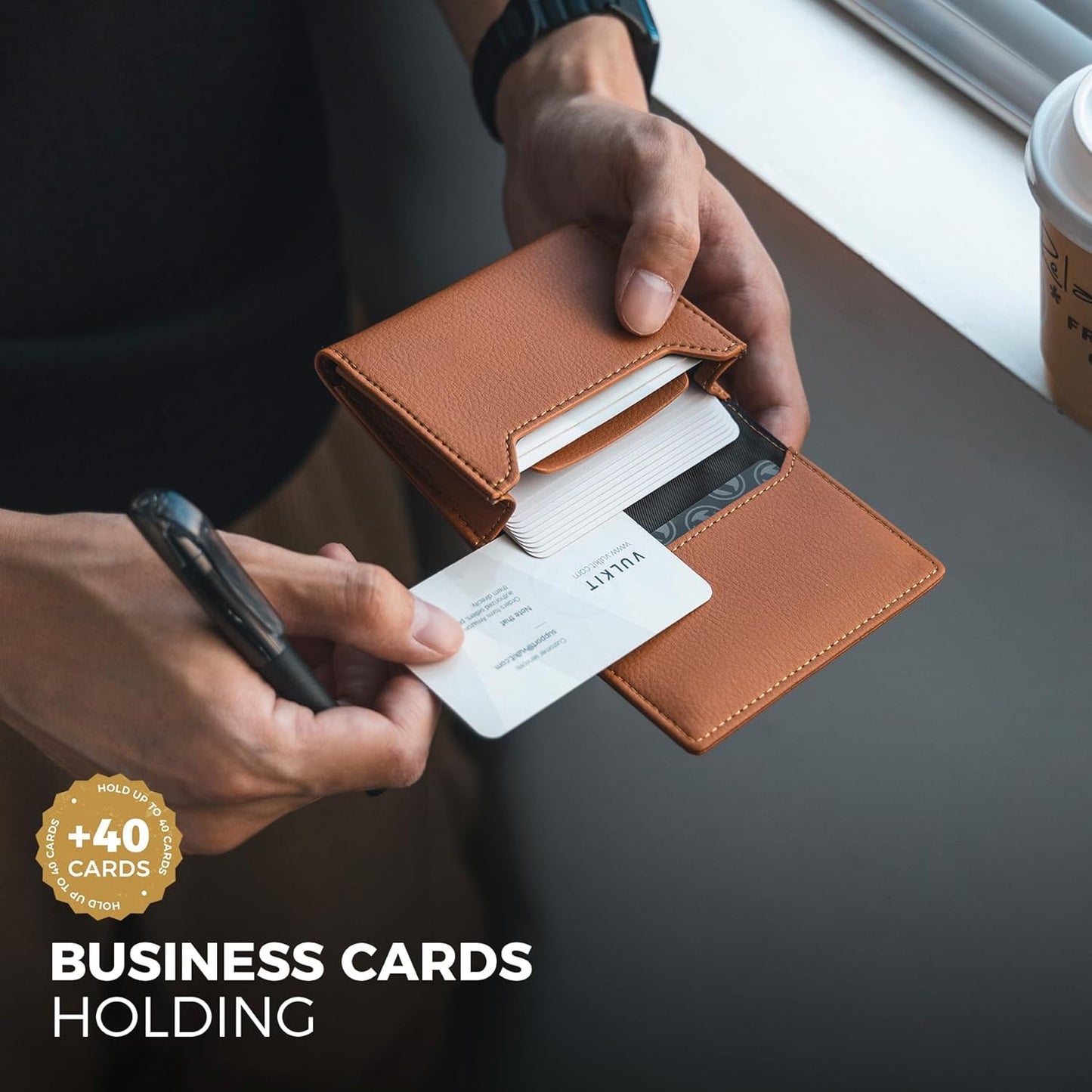 VULKIT Business Card Holder Premium Leather RFID Blocking Card Case With ID Window Magnetic Closure Holds Up to 40 Business Cards