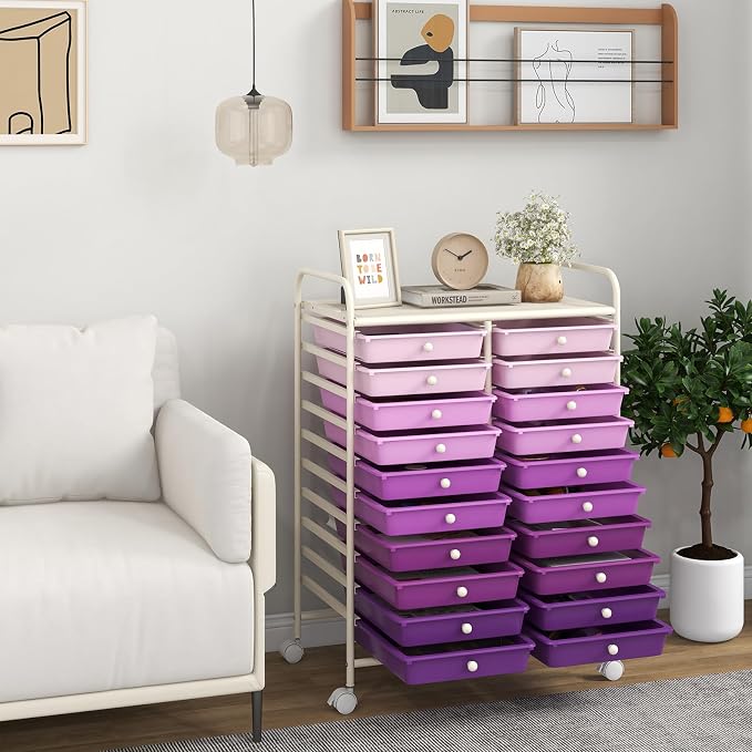 COSTWAY 20-Drawer Rolling Storage Cart, Utility Storage Organizer Cart | For Tools, Scrapbook, Paper, Craft, Multipurpose Storage Trolley on Wheels for Home Office School (Purple Gradient)