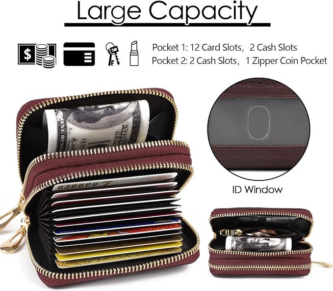 imeetu RFID Credit Card Holder, Small Card Wallet Women, Leather Card Case | Genuine Leather Women's Card & id Cases, Change Coin Purse with Zipper Keychain id Window, 20 Colors & 3 Styles, Daily, Gifts