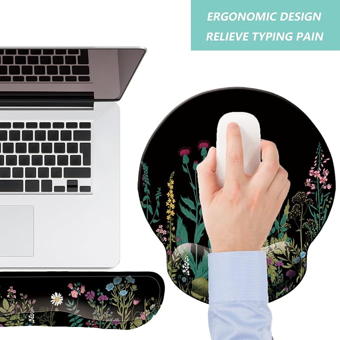 Keyboard Wrist Rest Pad Mouse Pad with Wrist Support Set of 3, Mousepad with Non-Slip Rubber Base, Ergonomic Memory Foam Mouse Wrist Cushion Support for Home Office Laptop Computer, Flowers Grass