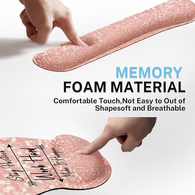 Ergonomic Mouse Pad Set with Wrist Rest, Rose Pink Gold | Non-Slip Rubber Base Wrist Cushion Support and Coasters Mousepad with Wrist Support for Computer Keyboard