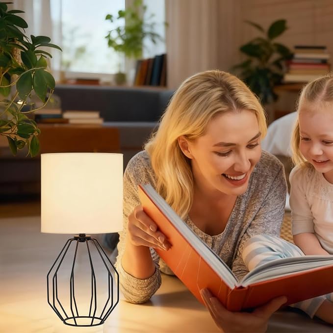Small Table Lamp Set of 2 Black, Bedside Lamps with Metal Cage & Linen Lampshade, Cute Desk Lamps for Nightstand, Bedroom, Kids Room, Office