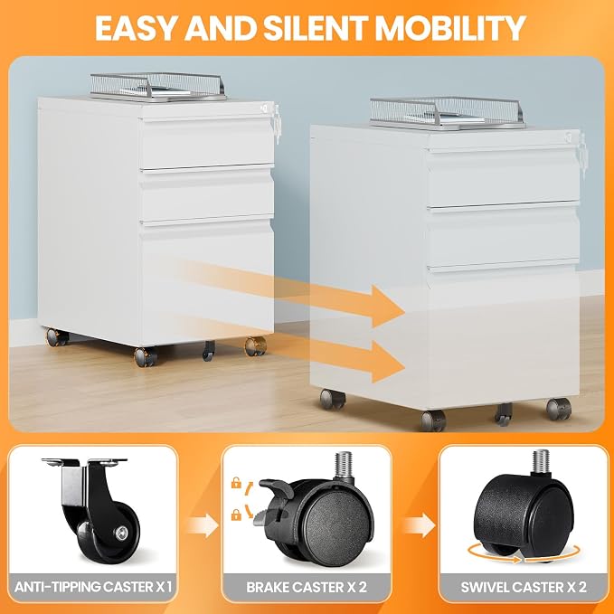 3 Drawer Mobile File Cabinet with Lock, Rolling File Cabinets for Home Office, Under Desk Small File Caninet on wheels, Metal Vertical White Filing Cabnet for Legal/Letter/A4 - Assembly Required