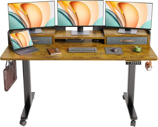 YDN Rustic Brown 2-Tier Adjustable Electric Standing Desk, 59 inch, Modern Design with 2 Drawers, Felt Fence, Hook, for Office