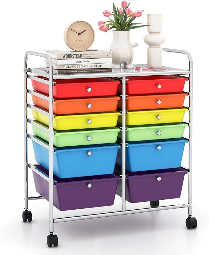 12 Drawer Rolling Storage Cart, Craft Cart Organizer on Wheels w/Metal Frame, Large Capacity & Smooth Drawer, Rolling Cart w/Drawers for Classroom, Office