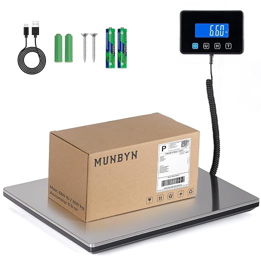 MUNBYN 440lb/1.8oz Shipping Scale, Digital Postal Scale for Packages | Hold & Tare Function, Backlit LCD, Battery & USB Cable Included, For Small Business, Luggage, Home Office