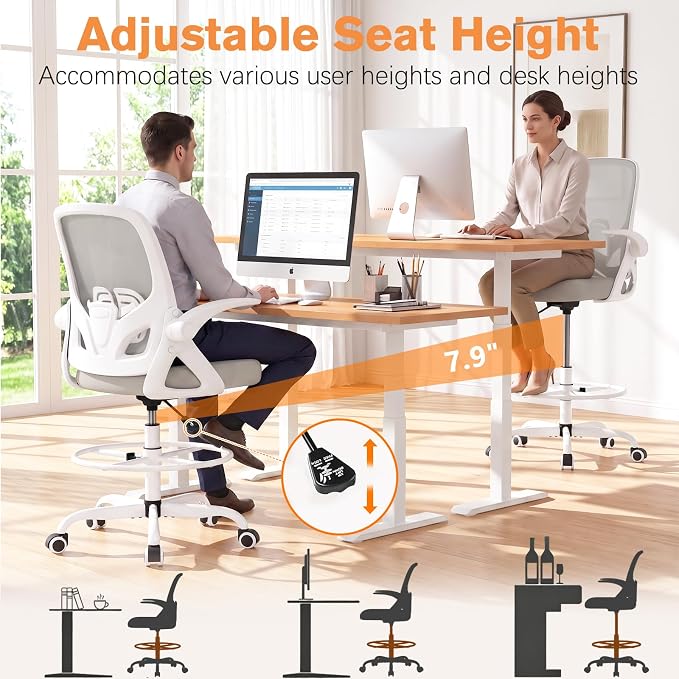 ORRSAKER Drafting Chair, Tall Office Chair with Flip-up Arms, Mesh Ergonomic Computer Standing Desk Chair with Adjustable Height Foot Ring and Lumbar Support, 300 LBS Capacity, Gray