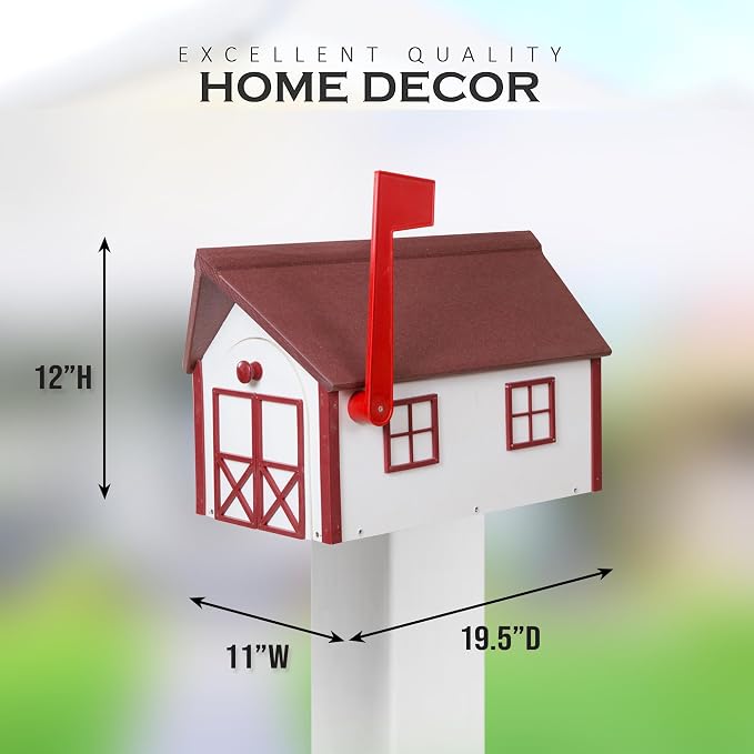 Peaceful Classics Poly Mailbox Durable, Weather-Resistant Amish Craftsman Mailboxes, Outside Uses Like Front Yard and Road Side Long-Lasting, Decorative, Modern Mailbox (White w/Burgundy Trim & Roof)