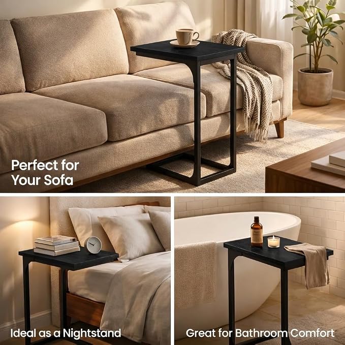 TEMI C Shaped End Table for Couch - Small Side Table and TV Tray for Eating or Laptop, Accent Desk for Chair or Sofa, Easy Assembly, Space-Saving Design for Living Room or Bedroom,Black