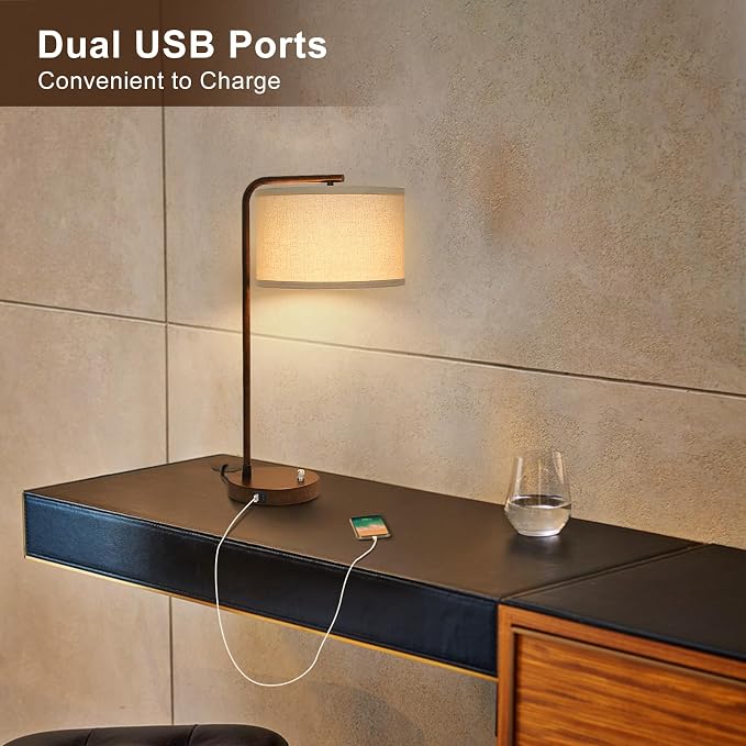 Vintage Table Lamp, Fully Dimmable Bedside Lamp with C+A USB Charging Ports | 25" Farmhouse Bedside Lamp Nightstand Light, Tall Reading Desk Lamp for Living Room Bedroom Office, LED Bulb Included