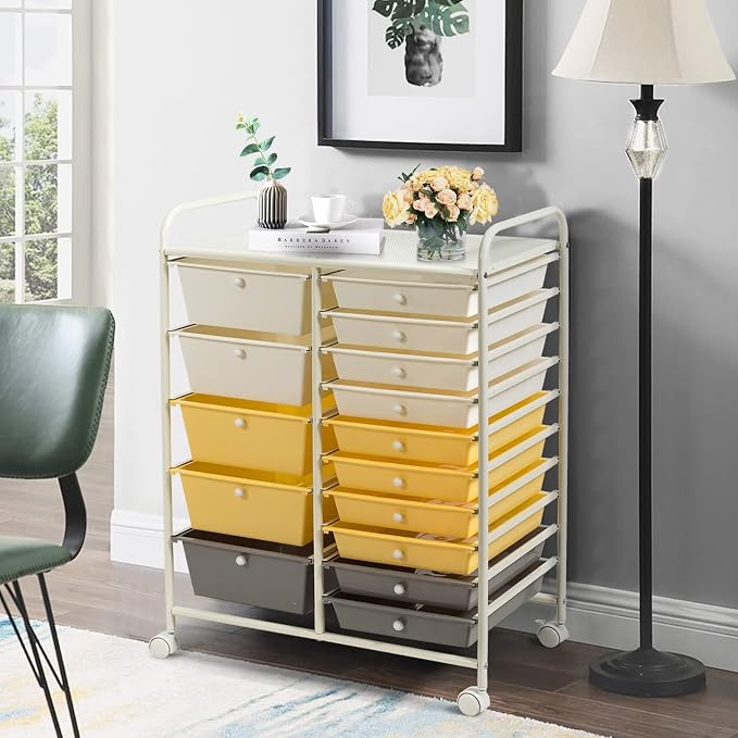 GLACER 15 Drawers Rolling Storage Cart, Steel Frame Craft Organizer Cart | Utility Cart w/Lockable Wheels & Sleek Handle, Mobile Art & Tool Supply Trolley for Teacher, Home, School, Office (Yellow)
