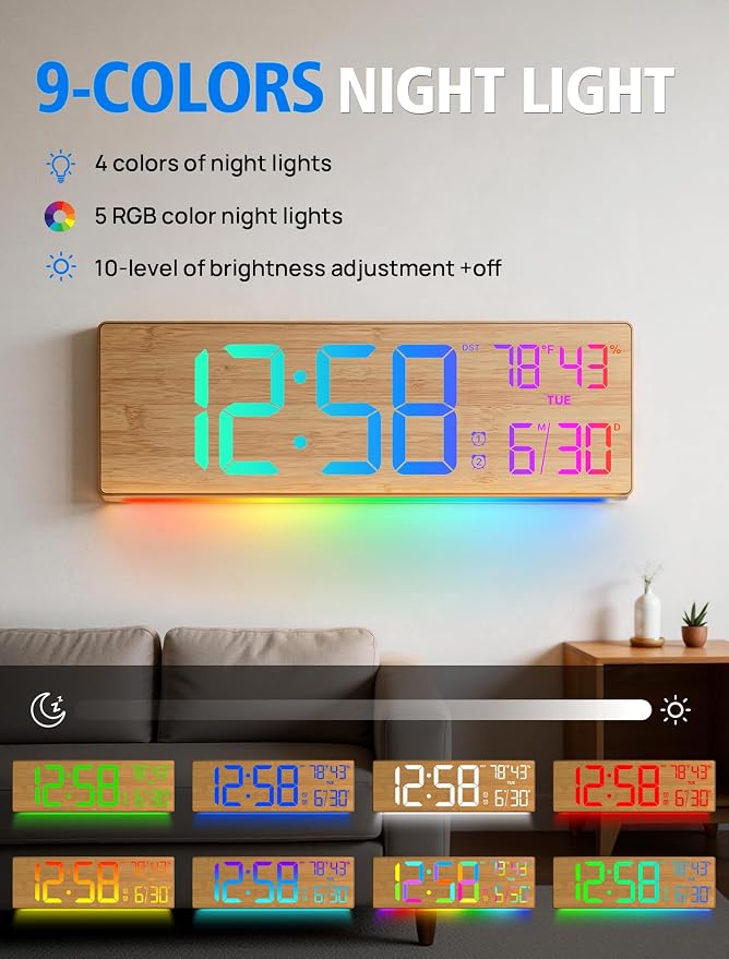 2026 Upgrade 18.5" Large Digital Wall Clock with Remote Control, Big LED Display Digital Clocks with Night Light, Alarm, DST, Temp for Parlor, Office, Classroom, Bedroom,Gifts for Seniors(Light Wood)