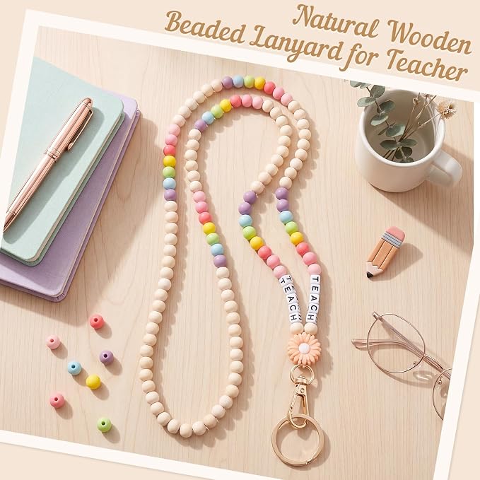 Teacher Lanyard for ID Badges Wooden Beaded Lanyard with ID Holder for Teachers Doctors Office Staff in Schools, Hospitals, and Workplaces Carrying Keys or Access Cards
