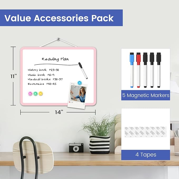 Small Wall White Board, 11" x 14" Mini Double-Sided Magnetic Dry Erase Board with Plastic Frame, Hanging Whiteboard with 5 Markers for Kids Students School Kitchen Home & Office, Pink