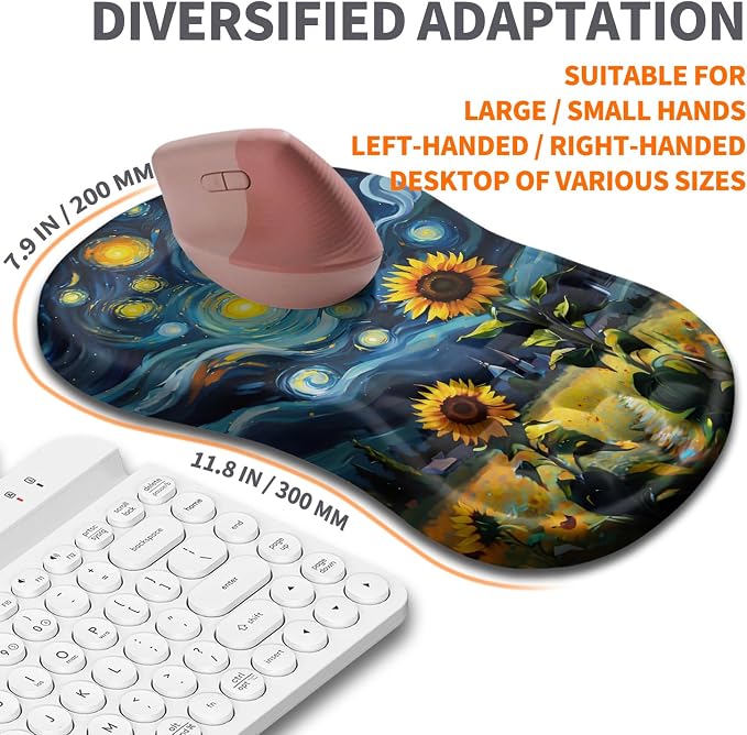 Ergonomic Joint Wrist Support Mouse Pad with Memory Foam Cushion Massage Bump, Carpal Tunnel Pain Relief Mousepad Slope Design for Wrist Rest, 11.8x7.9 in, Sunflower