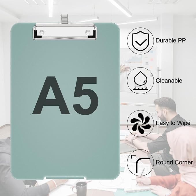 Hongri A5 Clipboard with Storage, Metal Retractable Pen Holder, Dark Green | 6 x 9'' Nursing Plastic Foldable Clip Board, Size 9.4 x 6.1 x 0.9 in, Menu Box for Work, Office & School Supplies