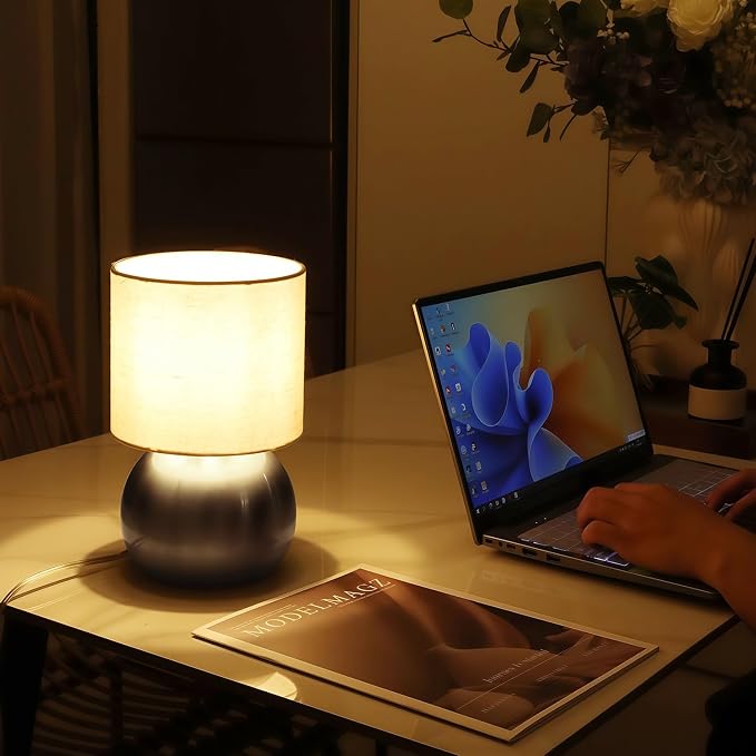 Modern Silvery Small Table Lamp with Cotton Linen Shade, 6.2×6.2×10.4 inch LED Desk Light, One-Button Switch for Bedroom, Living Room, Nightstand, Includes Warm Light Bulb