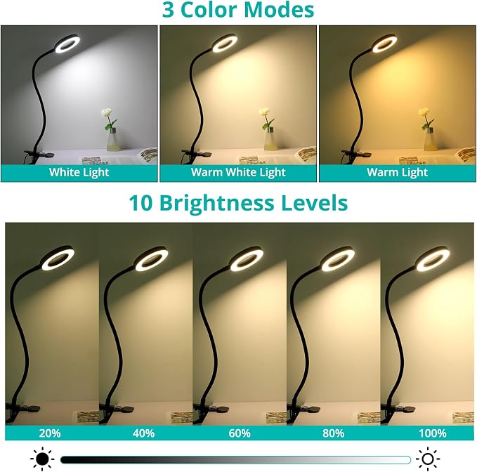 Woputne Desk Lamp 5X Magnifying Glass with Light Clamp Light for Reading | 10 Brightness, 3 Color Modes, 5V/2A Adapter Included – Clip on magnifying light Hands Free for Crafting, Close Work