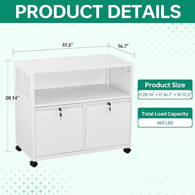 Mobile 2 Drawer File Cabinet with Lock, Metal Lateral Printer Stand Filing Storage Cabinets with Shelves for Home Office-A4/F4/Letter (White)