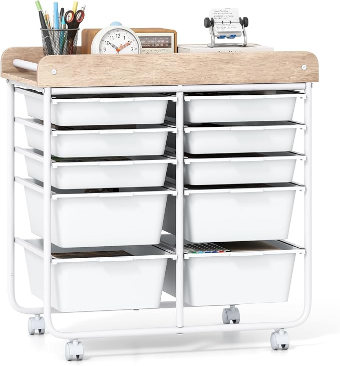 Giantex Rolling Storage Cart with 10 Drawers, Utility Cart w/Wooden Tabletop, Handle, Lockable Wheels, Multipurpose Organizer for Art Craft Scrapbooks Paper, Drawer Carts for Dorm School Office, White