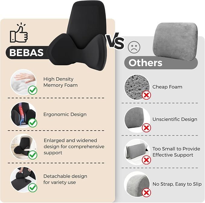 BEBAS Ergonomic Memory Foam Extended Lumbar Support Pillow for Car, Black | Extended Full Back Support, 2-in-1 Detachable Design Lumbar Cushion, Breathable Washable Cover, Fits for Driving, Office