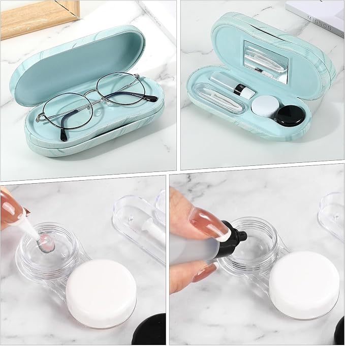 MoKo Double Eyeglass Case, 2 in 1 Double Sided Portable Glasses Case Contact Lens Case with Mirror Eye Glasses Carrying Bag Anti-Scratch Sunglasses Pouch Protective Eyewear, Blue Water Color
