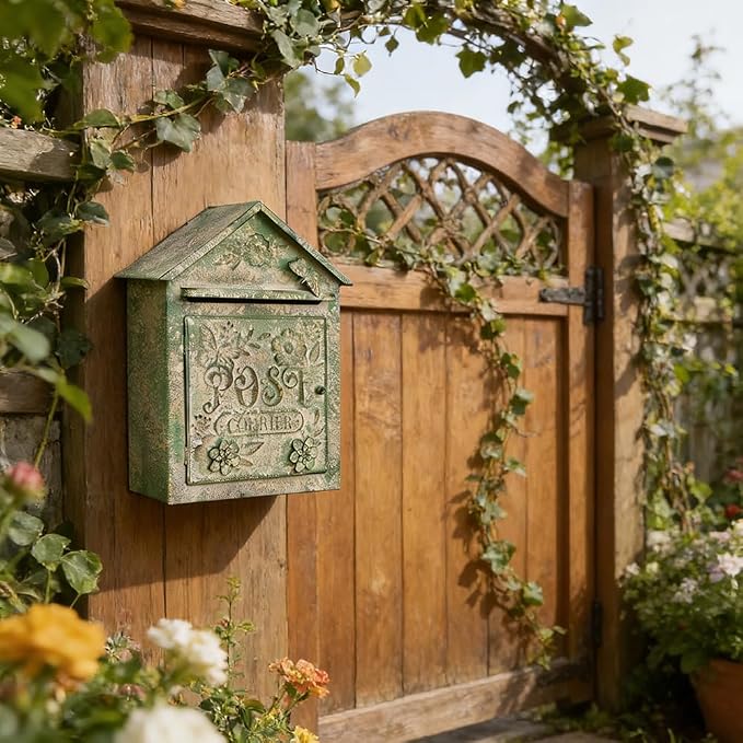 Vintage White Wall Mount Mailbox for Outside, Metal Post Box Decorative Antique Style Mail Drop Box for House Decor(Light Green)