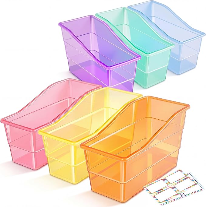 Blosssound 6 Set Book Bins for Classroom Stackable,Translucent Pastel | Plastic Baskets with Labels, Slanted Front, Library Supplies Organizers, Desktop Storage Bins, Teachers Home School Use