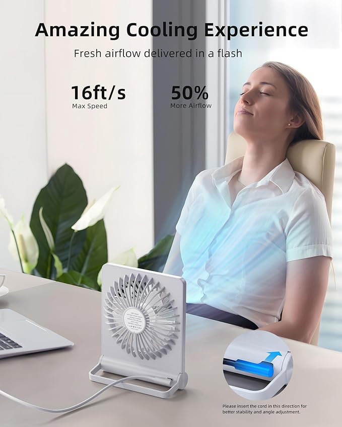Koonie USB Desk Fan, Strong Wind Ultra Quiet Small Mini Fan | 220° Tilt Folding & 3 Speeds Adjustable, USB-C Powered Personal Fan for Home Office Desktop, White, NO BATTERY