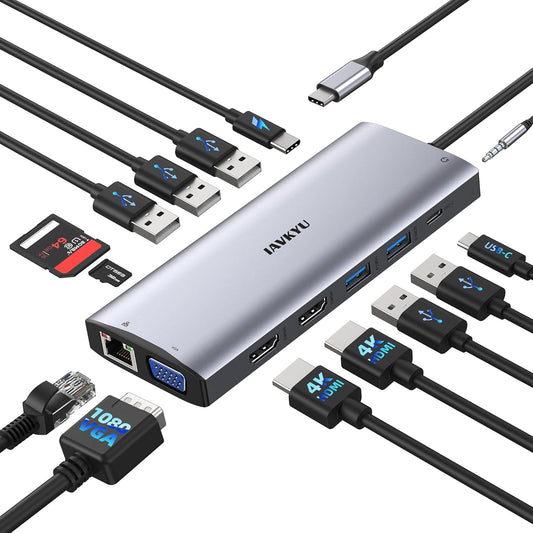 Laptop Docking Station Dual Monitor,14 in 1 USB C Docking Station fo dell hp USB C Hub Multiport Adapter with 2HDMI 4K+VGA+Ethernet+5USB+1USB C+100W PD+SD/TF+Audio,USBC Dock Dongle for Windows Laptop