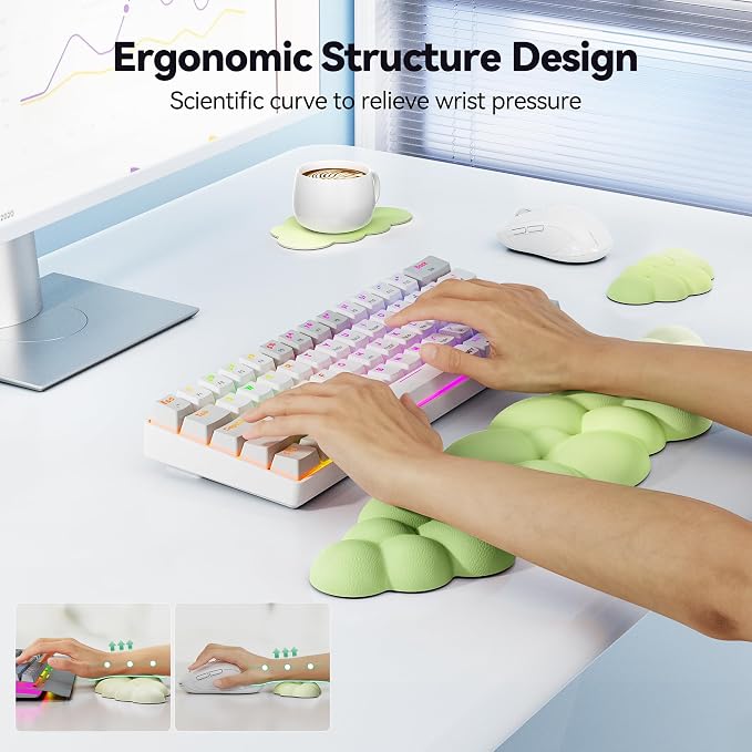TECKNET Cloud Keyboard Wrist Rest Set, Cloud Wrist Rest with Non-Slip Base, PU Leather Wrist Pad for Keyboard with Ergonomic Memory Foam for Computer Laptop Gaming & Pain Relief, Gradient Green