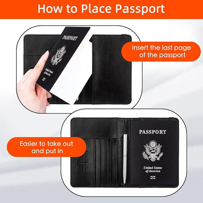 WALNEW Passport Holder for Travel, RFID Passport Wallet, Travel Essentials | PU Leather Passport Cover Case with Pen Holder, Travel Must Haves Accessories, Passport Book Holder for Women Men